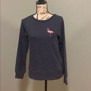 Blue sweater with flamingo.